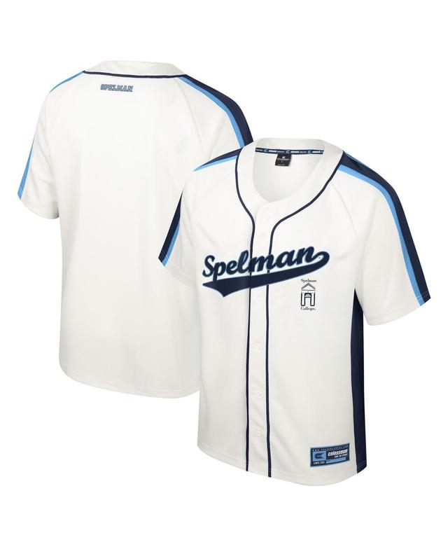 Mens Colosseum Cream Distressed Spelman College Jaguars Ruth Button-Up Baseball Jersey - Cream Product Image