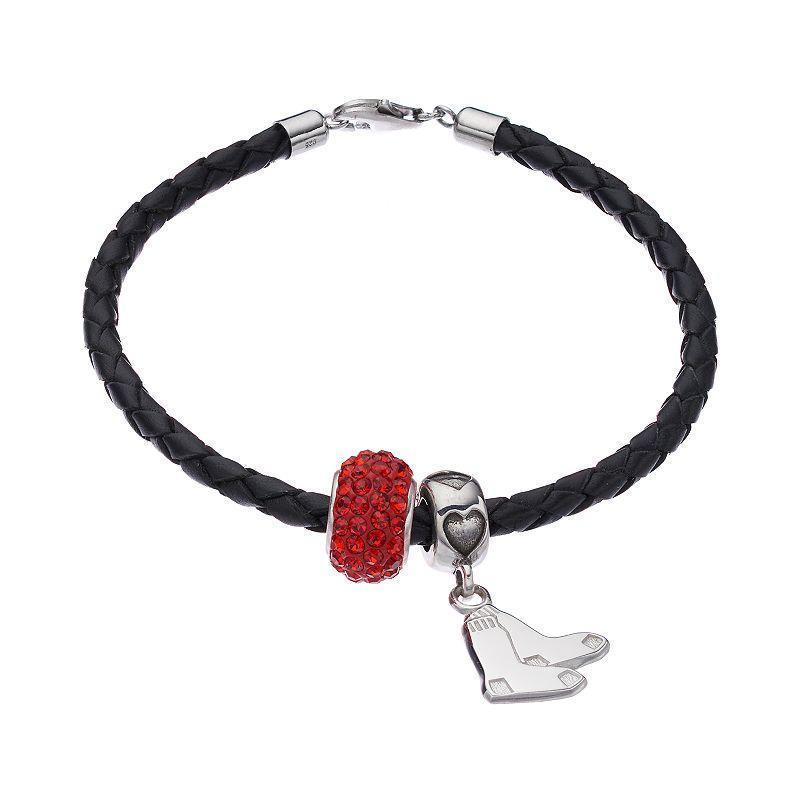 LogoArt Boston Red Sox Crystal Sterling Silver & Leather Charm Bracelet, Womens Black Product Image