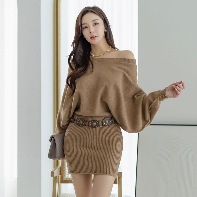 Set: Boat Neck Plain Ribbed Mini Sheath Sweater Dress + Belt Product Image