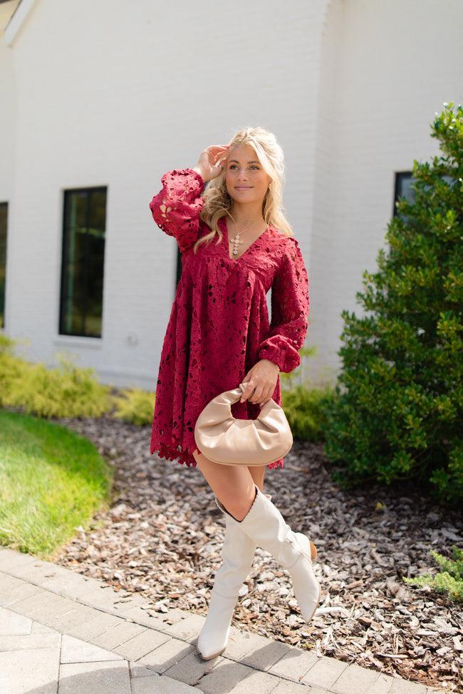 Turning Heads Burgundy Lace Babydoll Mini Dress Product Image