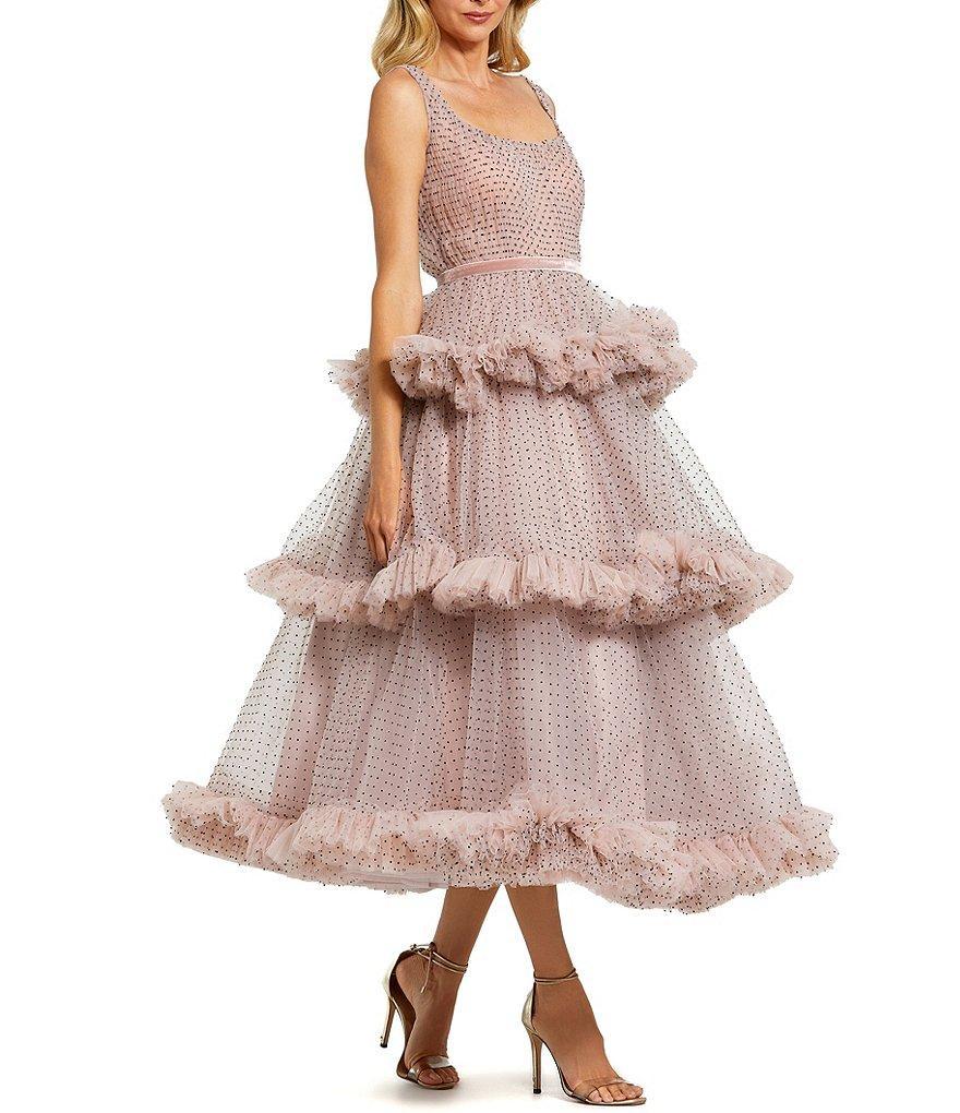 Mac Duggal Dotted Tulle Square Neck Sleeveless Tiered Ruffle Midi Dress Product Image