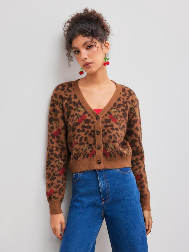 Knit V-neck Leopard Cherry Button Cardigan Product Image