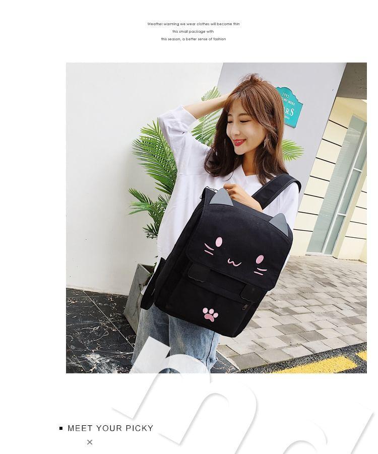 Cat Embroidered Canvas Flap Backpack Product Image