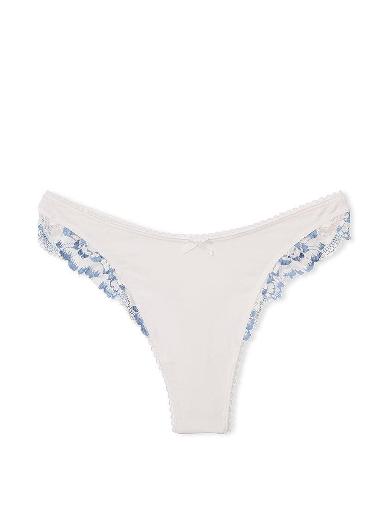 Stretch Cotton Lace-Trim High-Leg Scoop Thong Panty Product Image