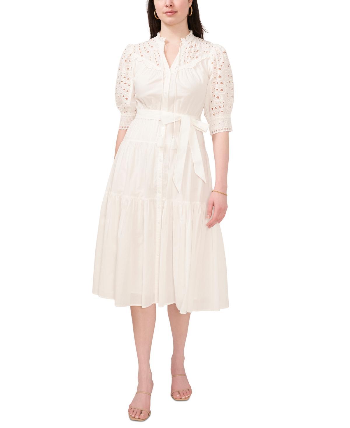 Women's Cotton Eyelet Short Puff Sleeve Midi Dress Product Image