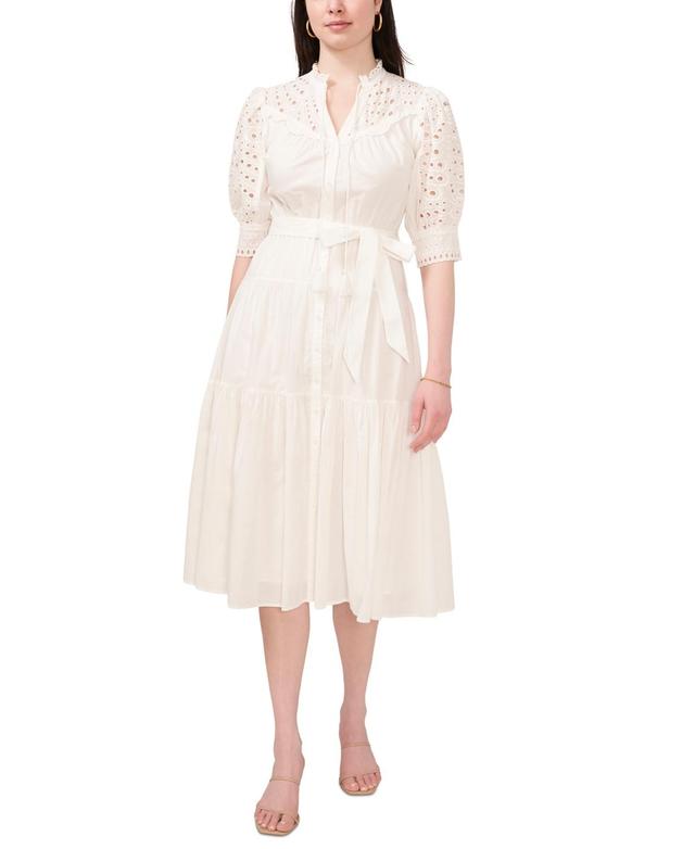 CeCe Womens Cotton Eyelet Short Puff Sleeve Midi Dress Product Image