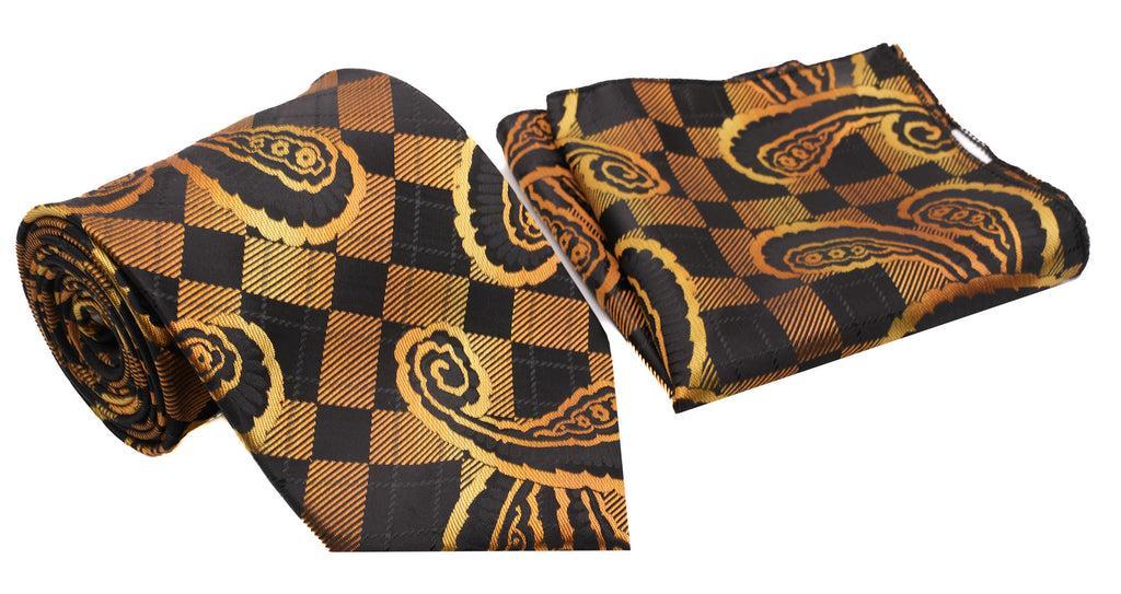 Black Gold Chequered Paisley Pattern Men's Classic Tie and Pocket Square Set Product Image