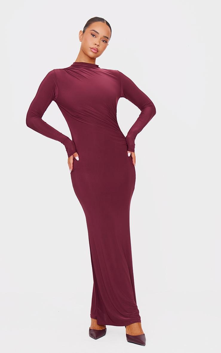  Burgundy Slinky Long Sleeve Maxi Dress Product Image