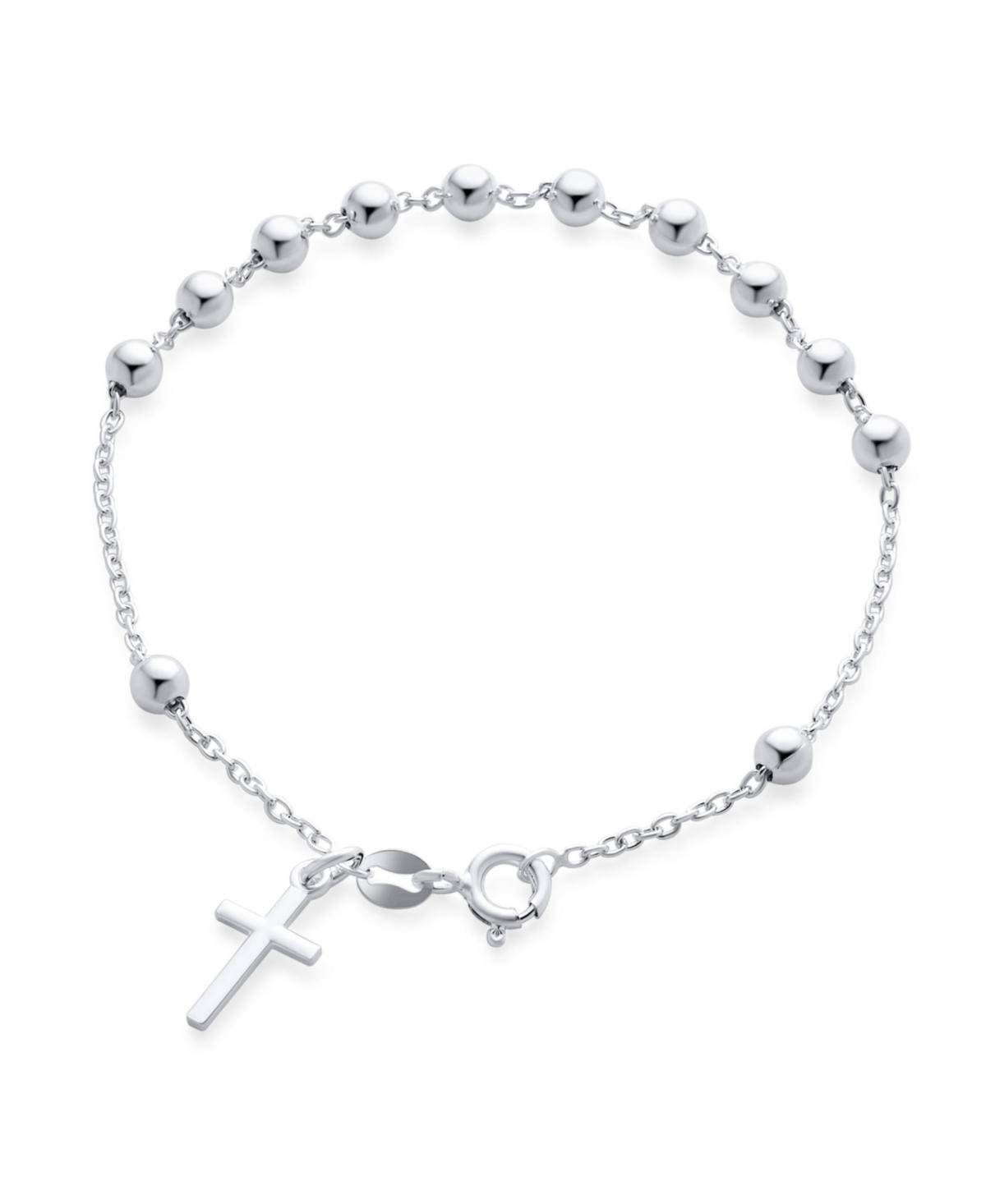 Thin Simple Religious Prayer Ball Beads Cross Rosary Bracelet For Women Teen .925 Sterling Silver Product Image