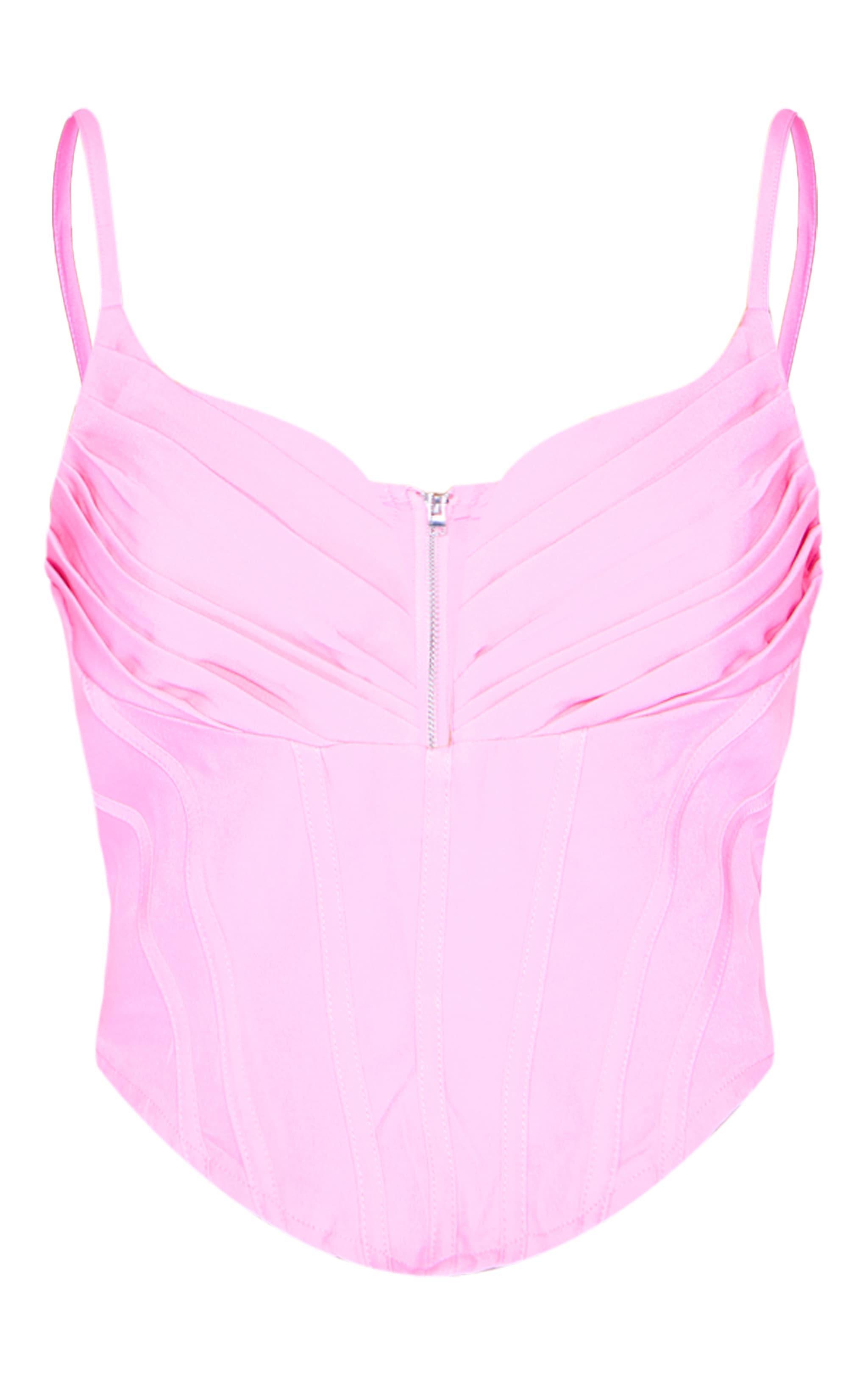 Pink Strappy Pleated Bust Corset Detail Crop Top Product Image