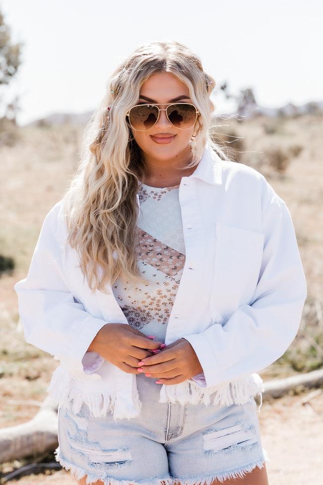 Sun Up In The Saddle White Fringe Hem Denim Jacket FINAL SALE Product Image