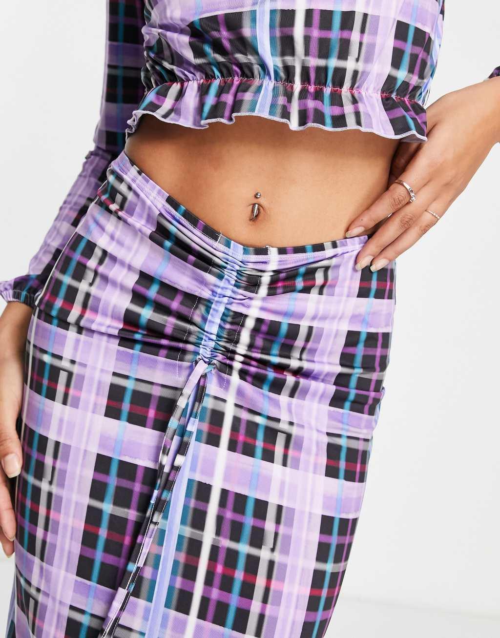 Only Exclusive ruched detail midi skirt in purple check - part of a set Product Image