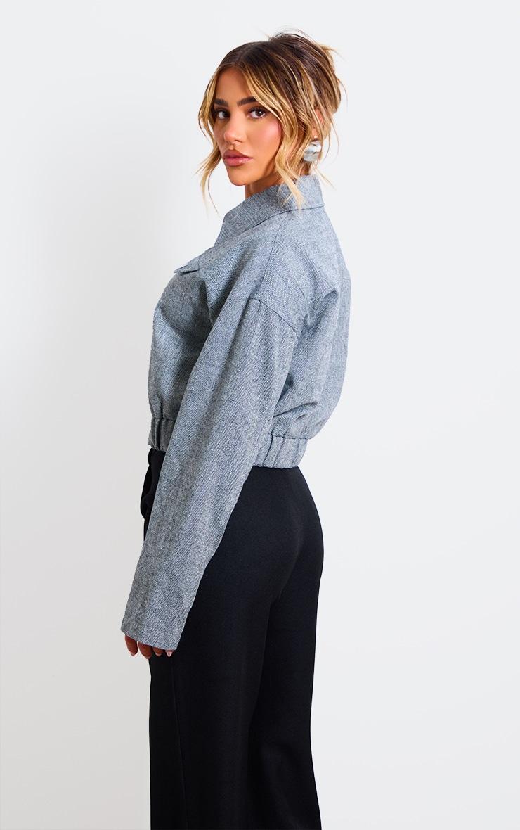 Grey Textured Collar Detail Cropped Bomber Jacket Product Image