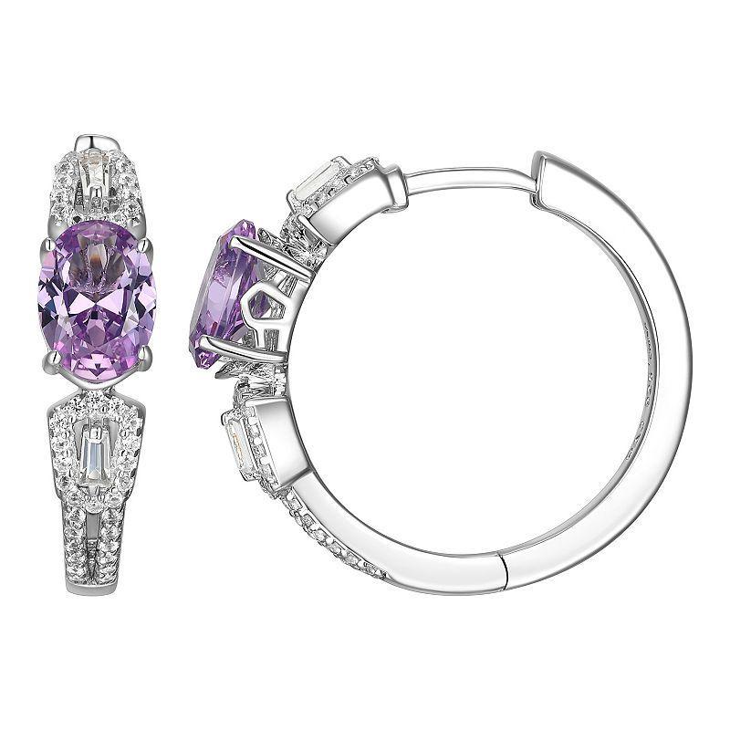 Rhodium-Plated Sterling Silver Lab-Created Alexandrite and Lab-Created White Sapphire Huggie Hoop Earrings, Womens, Purple Product Image