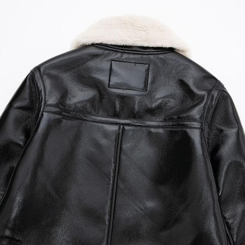 Fleece Collared Faux Leather Zip Jacket Product Image