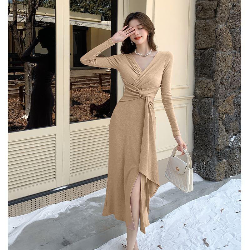 Long-Sleeve V-Neck Plain Tie Waist Slit Midi Sheath Dress Product Image