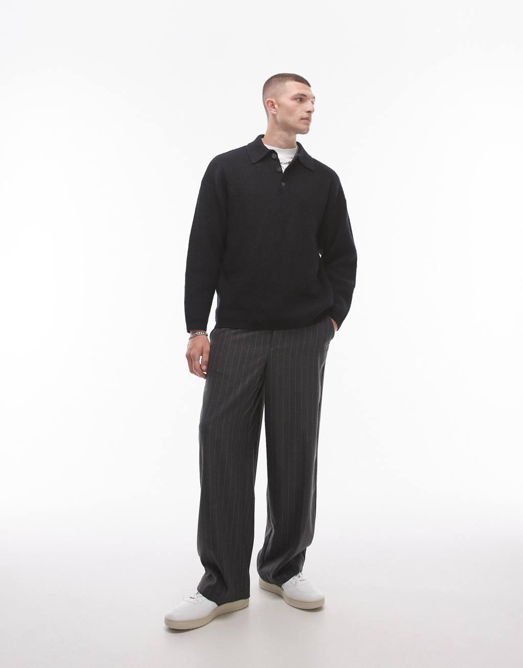 Topman relaxed fit compact knit polo sweater in black Product Image