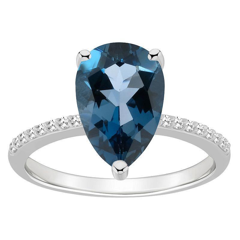 Alyson Layne Sterling Silver 10 mm x 8 mm Pear Shape Gemstone & 1/10 Carat T.W. Diamond Ring, Womens, Blue Product Image