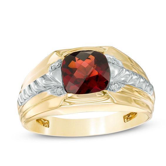 Men's 8.0mm Cushion-Cut Garnet and Diamond Accent Comfort Fit Ring in 10K Gold Product Image