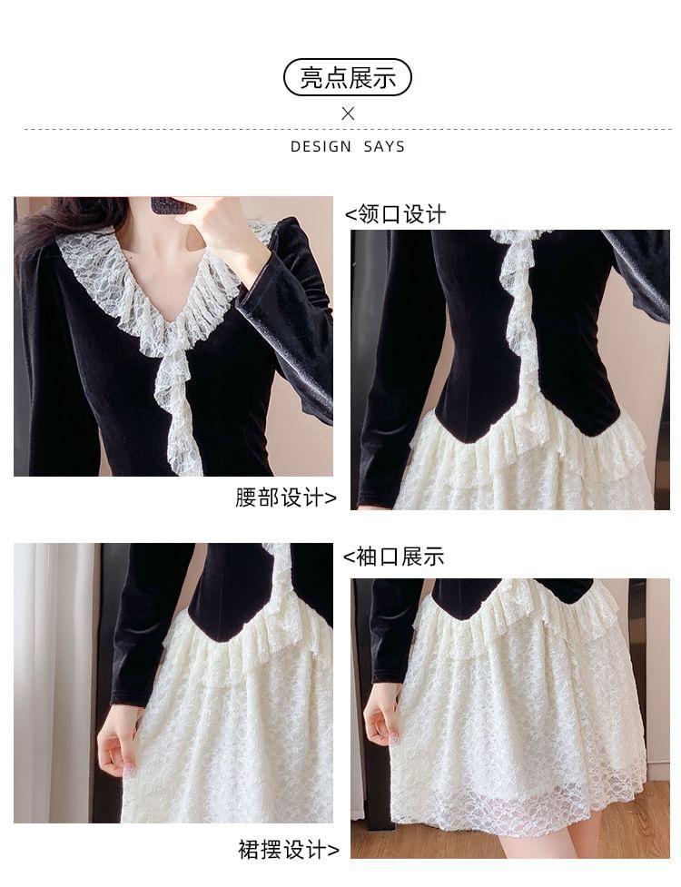 Mock Two-Piece Long-Sleeve V-Neck lace Ruffle Mini A-Line Dress Product Image