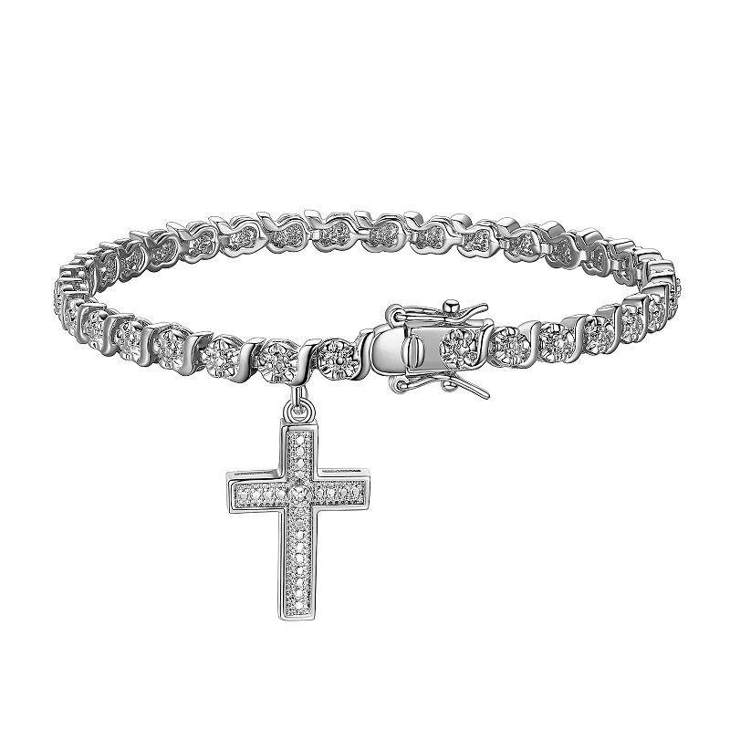 Sarafina Silver Tone Diamond Accent Cross Charm Bracelet, Womens Silver Tone White Product Image