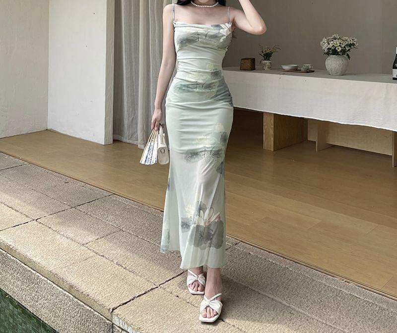 Spaghetti Strap Cowl Neck Flower Maxi Sheath Dress Product Image