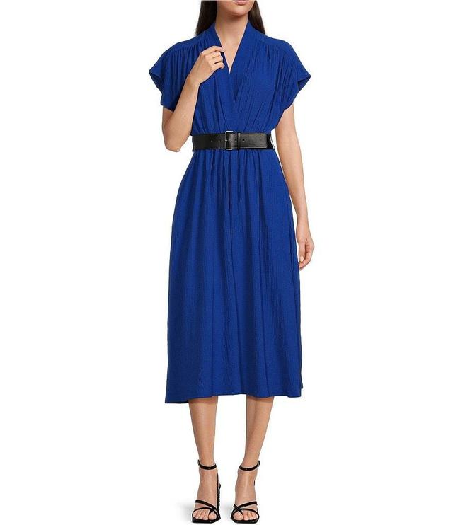 Calvin Klein Gauze Short Sleeve V-Neck Belted Midi Fit and Flare Dress Product Image