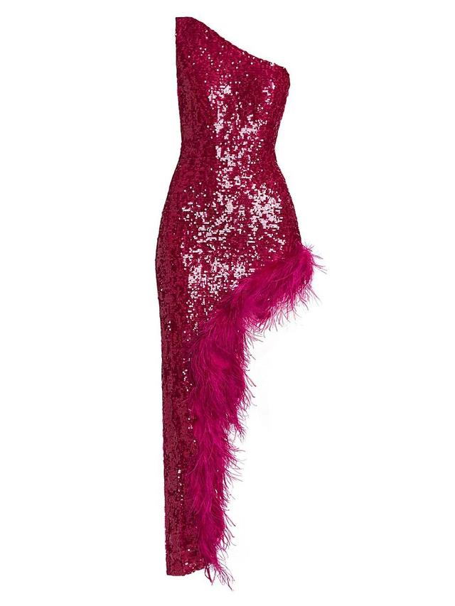 Womens Sequin Feather One-Shoulder Midi Dress Product Image