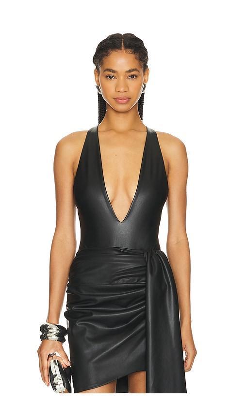 Faux Leather Plunge Neck Bodysuit Product Image