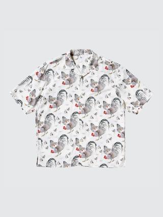 Mens Printed Open Collar Short-Sleeve Shirt (Ito-Jakuchu) Off White Medium UNIQLO US Product Image