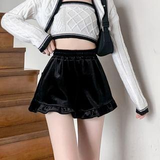 Elastic Waist Plain Ruffle Trim Velvet Shorts Product Image