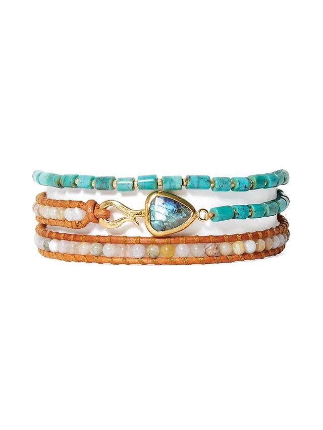 Womens 18K Gold-Plated, Turquoise & Multi-Gemstones Wrap Bracelet Product Image