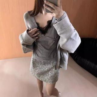 V-Neck Long Sleeve Lace Trim Ribbed Crop Top / Mid Rise Glitter Mini Pencil Skirt Product Image