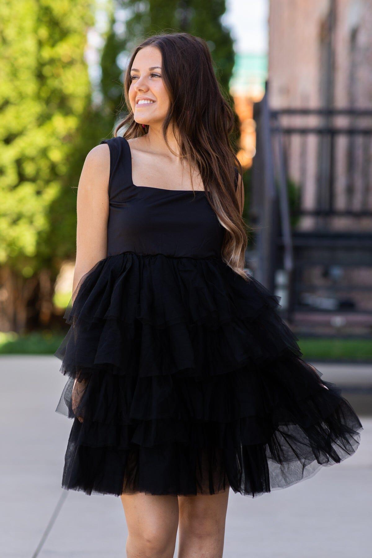 Black Square Neck Tulle Skirt Dress Product Image