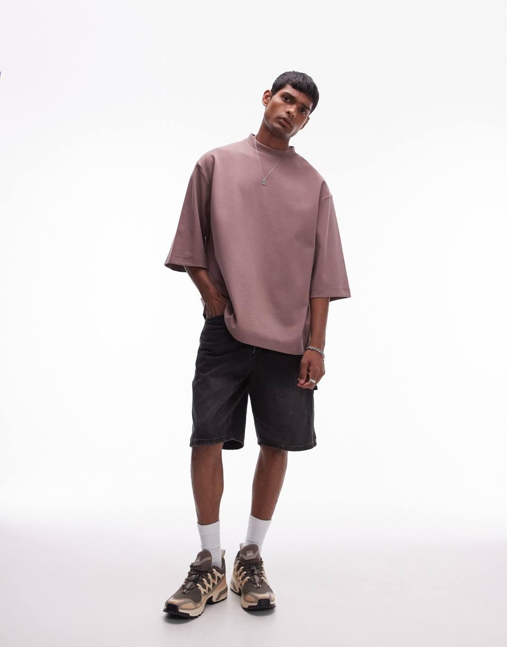 Topman premium heavyweight oversized fit mid sleeve T-shirt 300gsm in mink Product Image