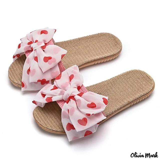 Olivia Mark – Spring and summer new home cotton linen slippers breathable outdoor fabric slippers love big bow comfortable slippers Product Image