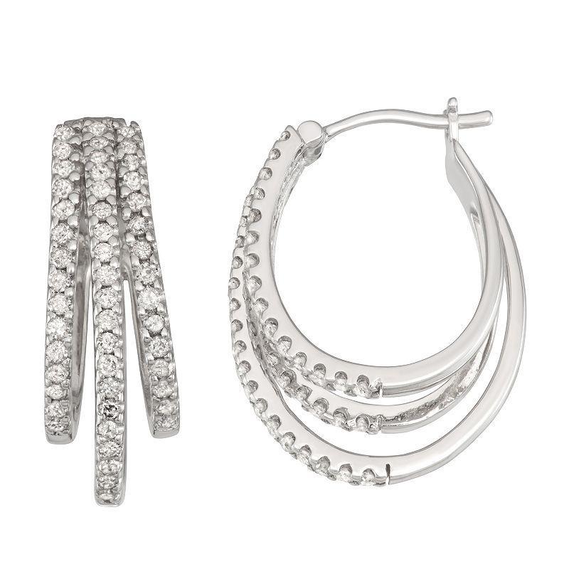 Sterling Silver 1 Carat T.W. Diamond 3-Row Hoop Earrings, Womens Product Image