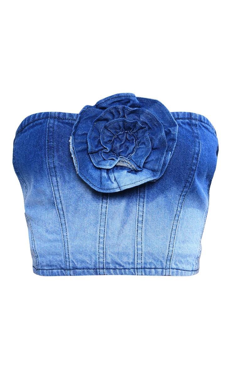 Mid Blue Wash Flower Bandeau Denim Crop Top Product Image