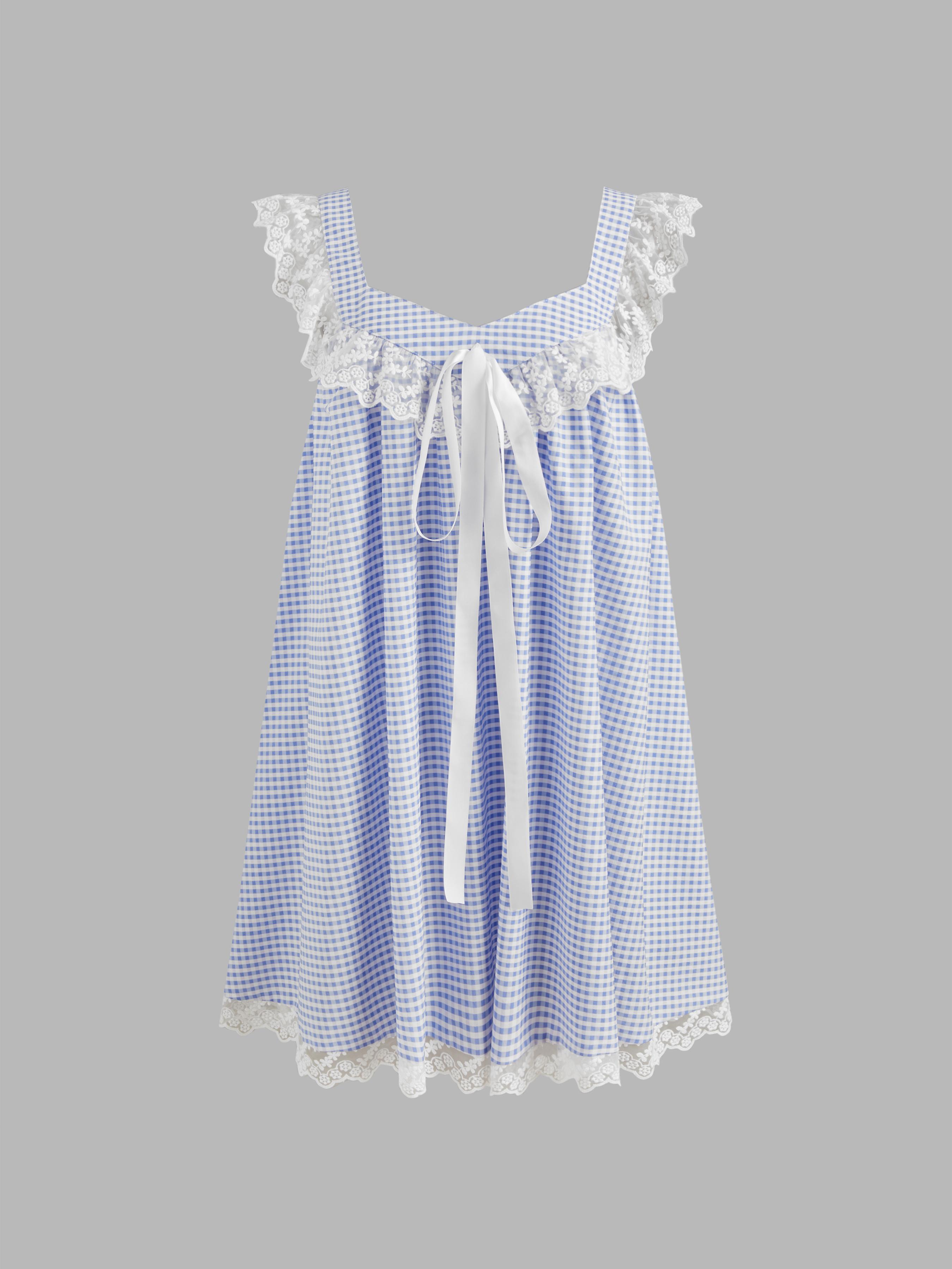 Sweetheart Gingham Lace Trim Babydoll Knotted Mini Dress product image