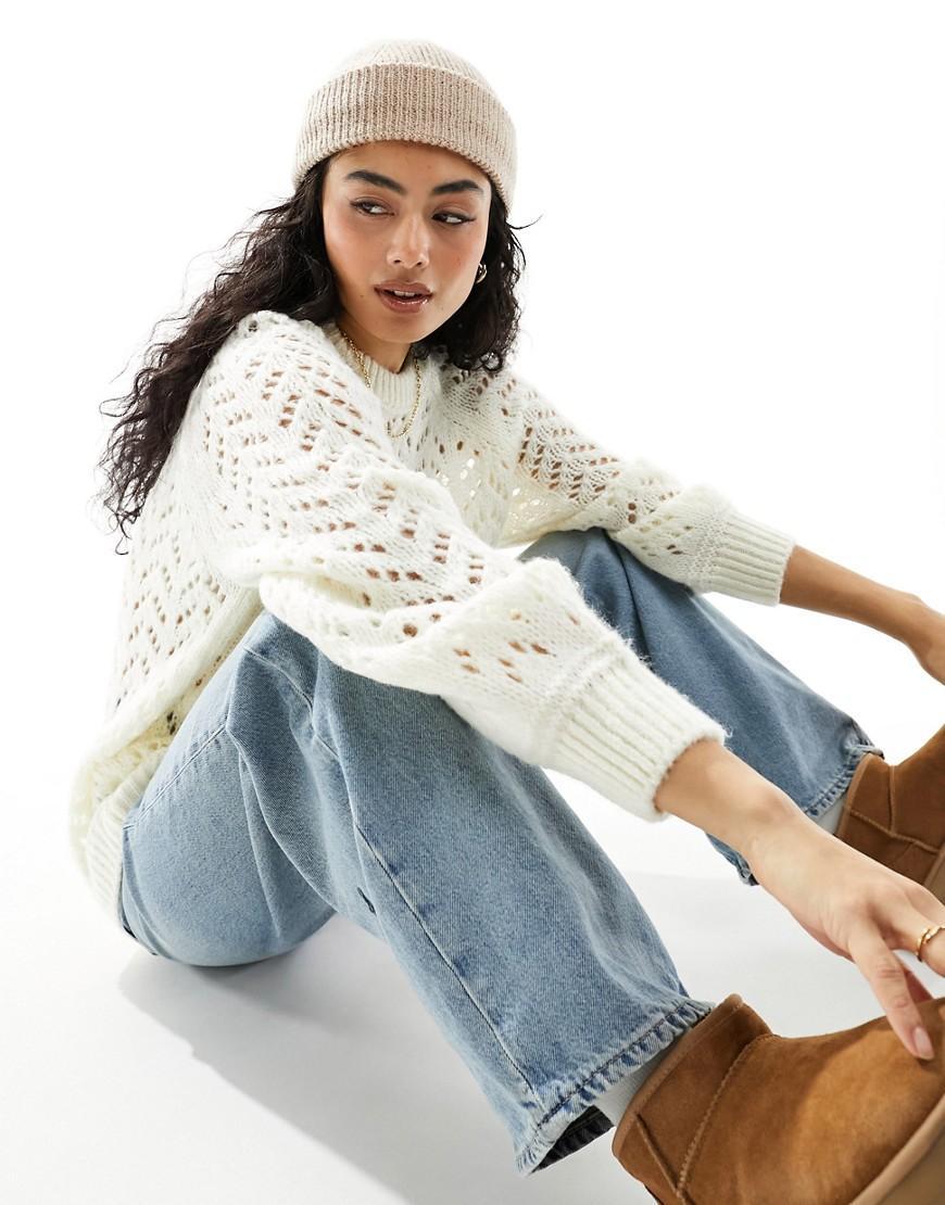 ASOS DESIGN crew neck sweater in loose pointelle stitch in cream Product Image