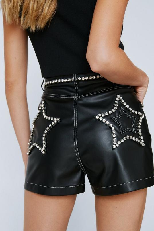 Premium Faux Leather Diamante Star Detail Shorts Product Image