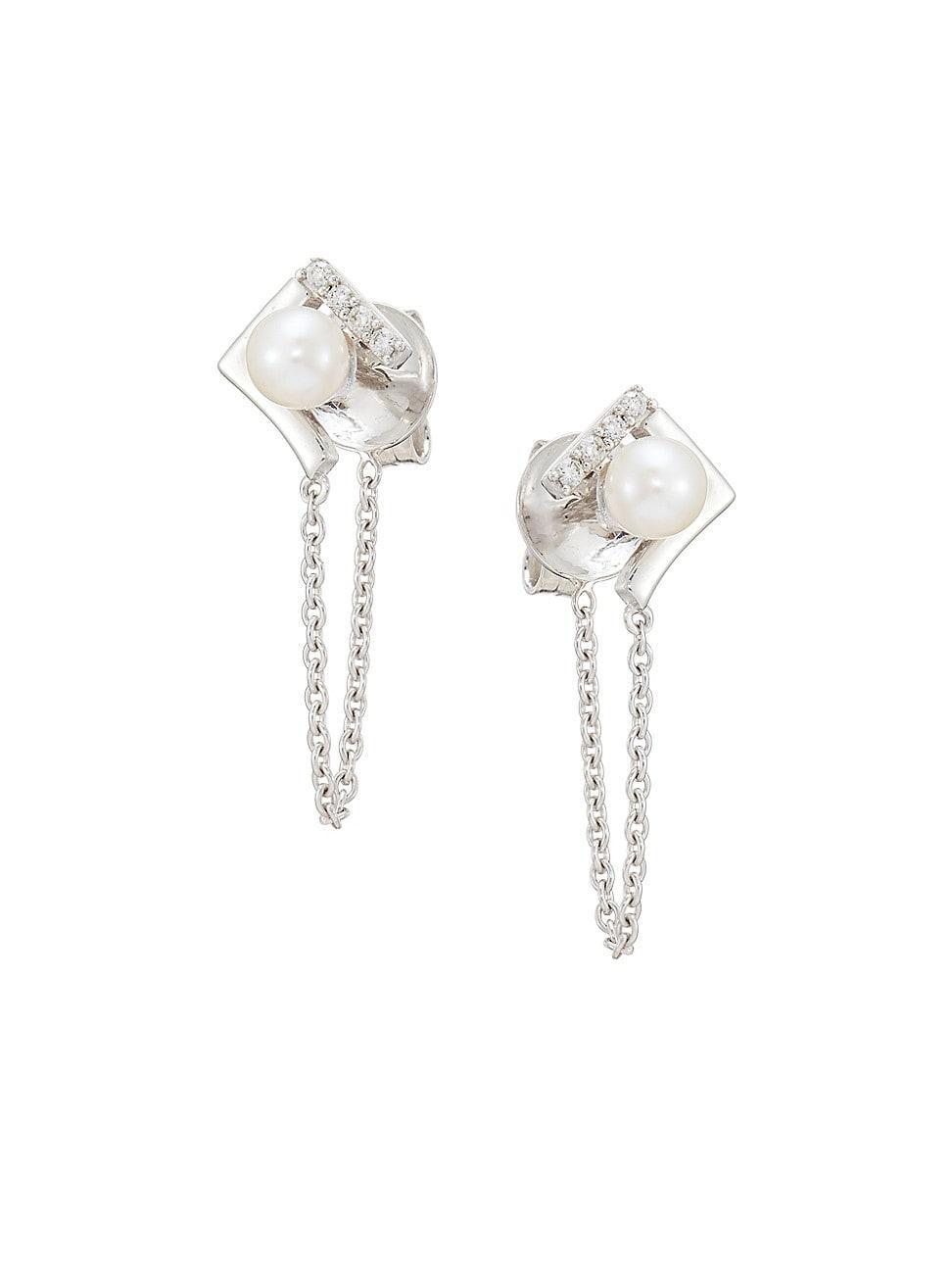 Womens 18K White Gold, Pearl & Diamond Chain Drop Earrings Product Image