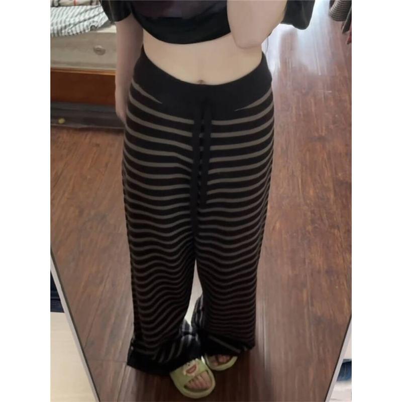 Drawstring Waist Striped Knit Wide Leg Pants Product Image