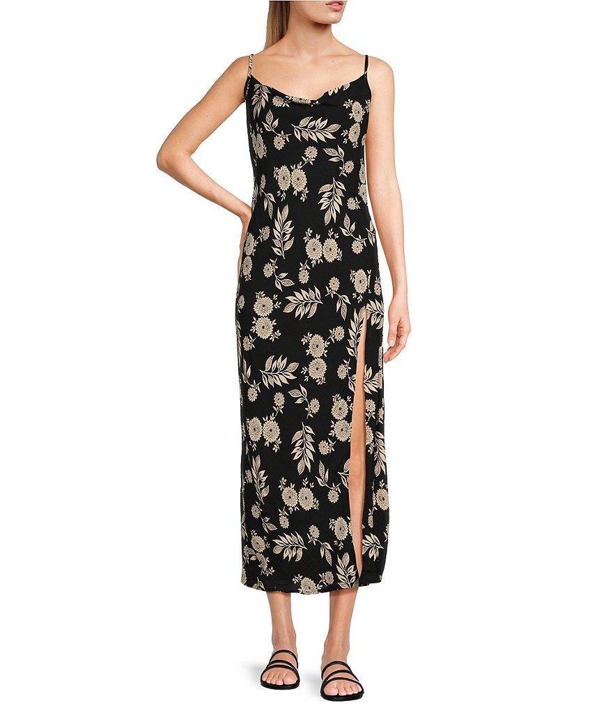 Angie Floral Print Side Slit Tie Back Midi Slip Dress Product Image