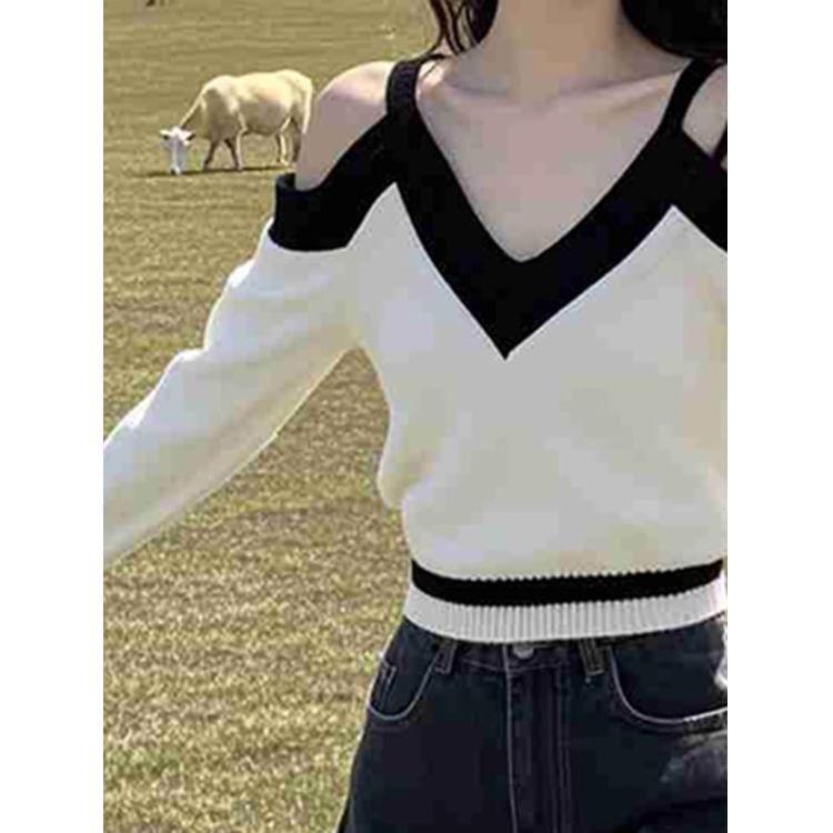 Cold Shoulder V-Neck Two Tone Sweater Product Image