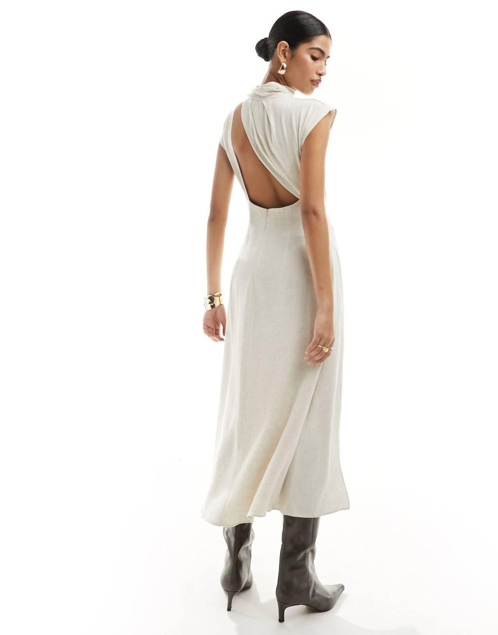 ASOS DESIGN linen high neck grown on sleeve midi dress with open back and button neck detail in oatmeal Product Image