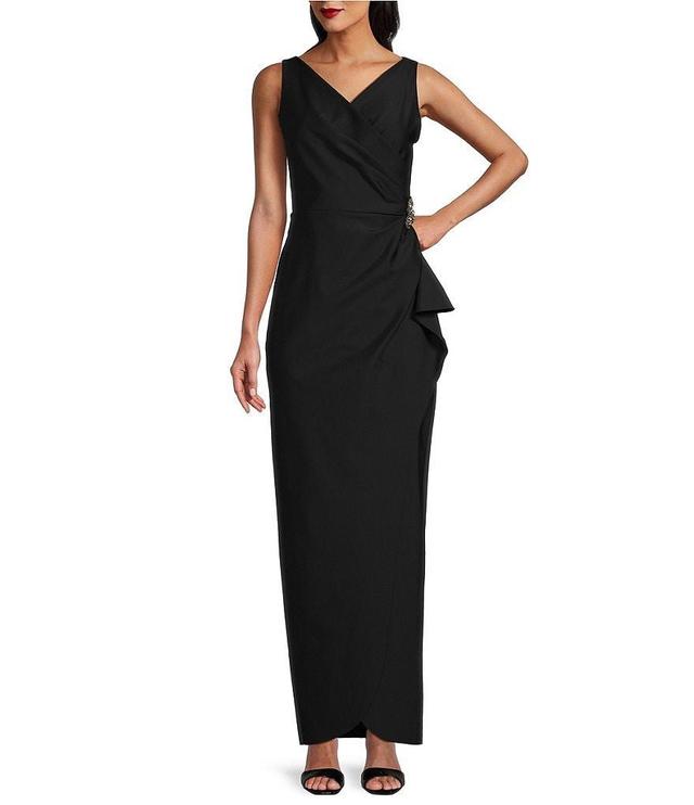 Alex Evenings Sleeveless Surplice V-Neck Beaded Detail Ruched Ruffled Sheath Gown Product Image