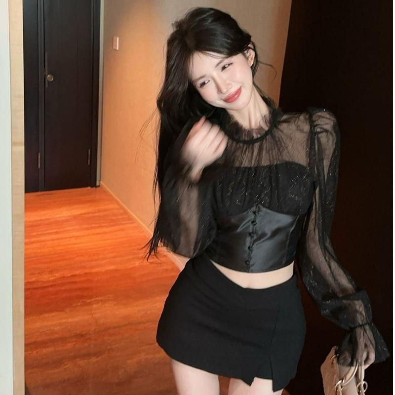 Long-Sleeve Mesh Corset Waist Crop Top Product Image