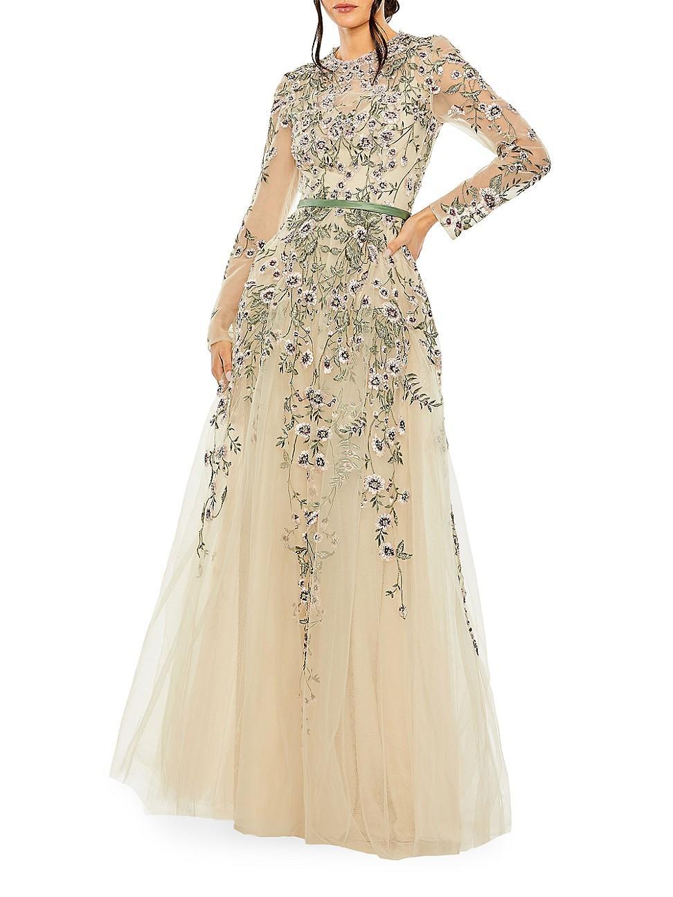 Womens Floral-Embroidered Tulle Gown Product Image