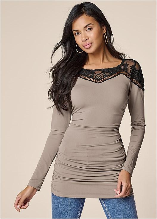 Lace Neckline Ruched Top Product Image